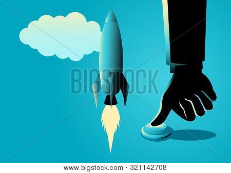 Business Concept Illustration Of A Businessman Hand Pushing Start Button, Start Up, War Concept