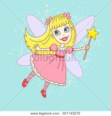 Cartoon Portrait: Cute Little Tooth Fairy In A Pink Dress Holds A Magic Wand In His Hand. Fairy Tale
