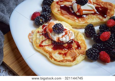 Pancakes With Fresh Blackberries And Raspeberries, Top View, Horizontal