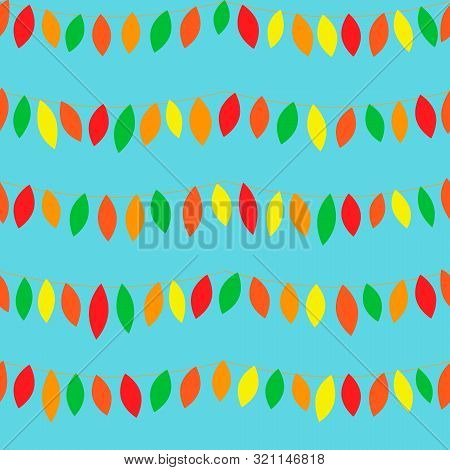 Vector Illustration. Hanging Colorful Autumn Leaves With String On Light Blue Background Seamless Re