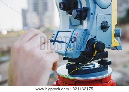 Geodesy. Landscaping. Landscape Work. Measurement Devices. Theodolite On A Tripod.