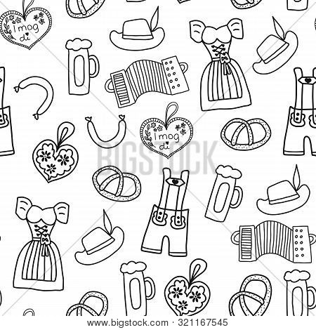 Oktoberfest Hand Drawn Cartoon Doodle Seamless Vector Pattern. Oktoberfest Repeating Background. Tra