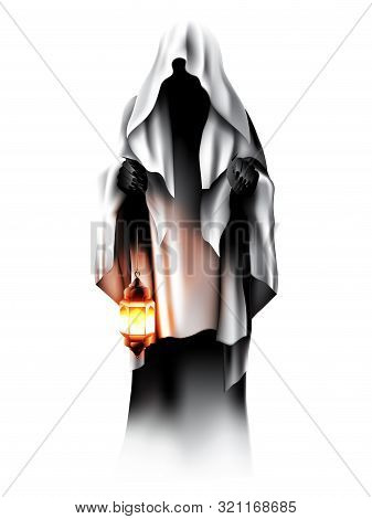 A Ghost Character, Devil Zombie Standing And Holding A Lamp Haunting On White Background. Vector Ill