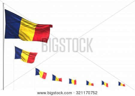 Beautiful Romania Isolated Flags Placed Diagonal, Photo With Bokeh And Place For Content - Any Feast