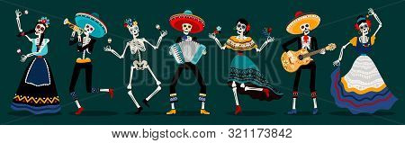 Day Of The Dead Skeletons Party. White Sugar Skull Skeleton Characters, Dancing And Music Playing De