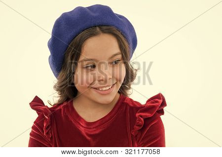 How To Wear Beret Like Fashion Girl. Kid Little Cute Girl Smiling Face Posing In Hat Isolated On Whi