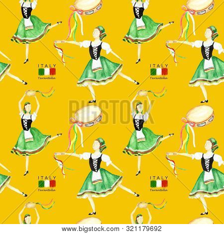 Seamless Pattern Dancers In National Costume An Italian Tarantella With A Tambourine On Yellow Backg
