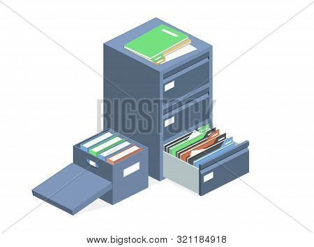Documents Cabinet And File Archive Storage Box Illustration. Isolated Isometric Business Folders Sto