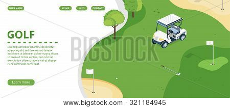 Golf Course, Country Sports Club Or Resort Flat Web Banner, Landing Page With Golf Cart On Green Pla