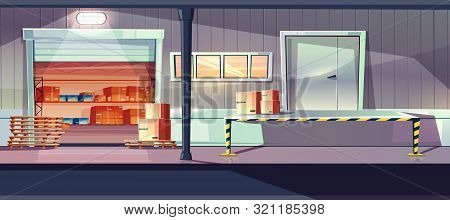 Industrial Warehouse Service Entrances Cartoon With Open Roll Gates, Loading, Unloading Ramp And Box