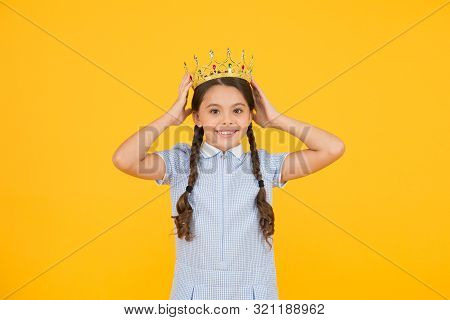 Vintage Girl In Gold Crown. Reward For Best Winner. Small Egoist Girl Imagine She Is Princess. Luxur