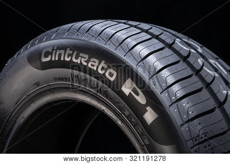 Krasnoyarsk, Russia, September 2: New Summer Tires Pirelli Cinturato P1 On A Black Background Close-
