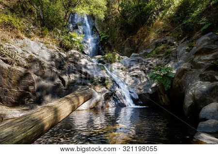 Serra Do Espinhal, Portugal - August 31, 2019 : Waterfall Pedra Ferida, Coimbra, Portugal