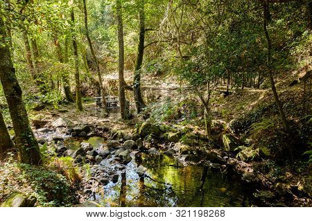 Serra Do Espinhal, Portugal - August 31, 2019 : Waterfall Pedra Ferida, Coimbra, Portugal