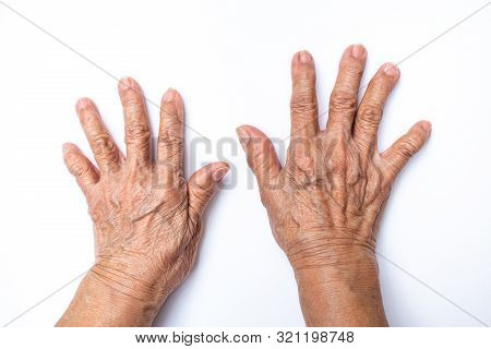 Senior Woman's Hands  Counting 10 Isolated On White Background, Numbers 1-10 In Sign Language Concep