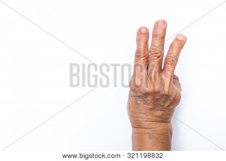 Senior Woman's Hands  Counting 3 Isolated On White Background, Numbers 1-10 In Sign Language Concept