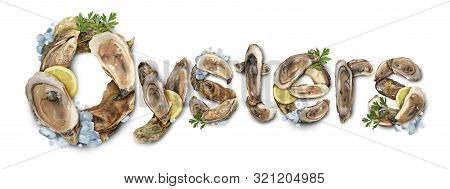 Oysters Seafood Delicacy Text Symbol As A Fresh Raw Shellfish Symbol With Lemons And Ice On A White 