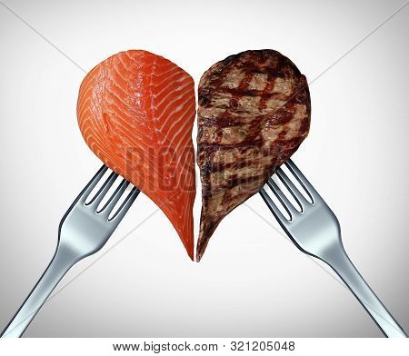 Surf And Turf Concept As Meat And Seafood Or Steak And Salmon Symbol As A Gourmet Meal At A Restaura