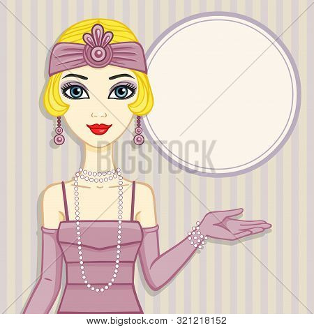Animation Portrait Of The Girl In A Dress Of 1920s. Place For The Text. Striped Background. Vector I