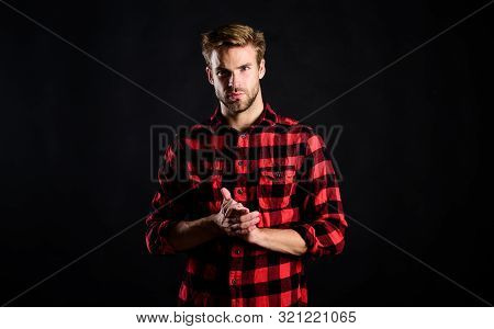 Hipster Black Background. Standards Of Manliness Or Masculinity. Handsome Well Groomed Man In Checke
