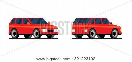 Red Flat Automobile Side Back Front View. Cool Vector Transportation Design Item Station Wagon Famil