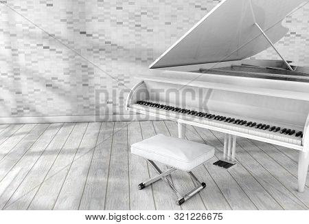 Surreal Image Of White Grand Piano In Room.music And Entertainment.3d Illustration