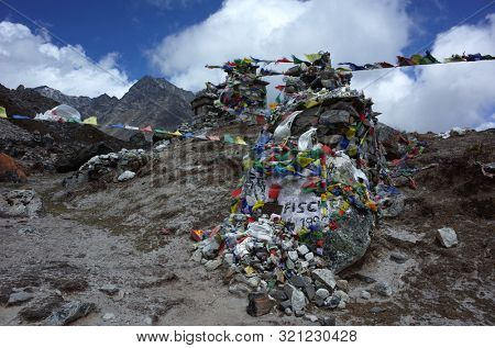 Sagarmatha national park, Dughla, Nepal - May 20, 2019: Memorial stupa of Scott Fischer - climber and expedition leader - died in the 1996 Mount Everest disaster