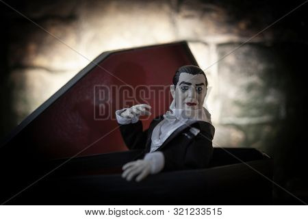 SEPT 8 2019:  Scene with Count Dracula exiting his coffin in a castle dungeon - Mego Corporatin action figure