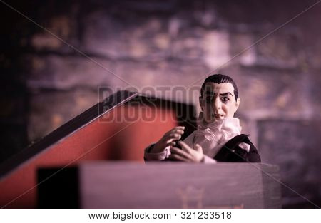 SEPT 8 2019:  Scene with Count Dracula exiting his coffin in a castle dungeon - Mego Corporatin action figure