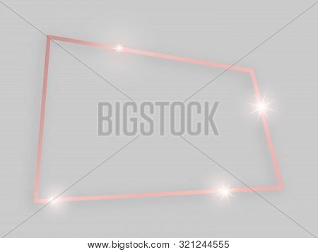 Shiny Frame With Glowing Effects. Rose Gold Quadrangular Frame With Shadow On Grey Background. Vecto
