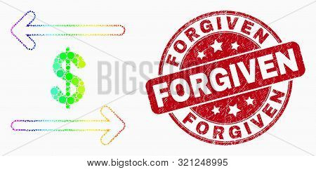 Dot Bright Spectral Dollar Exchange Arrows Mosaic Icon And Forgiven Seal Stamp. Red Vector Rounded D