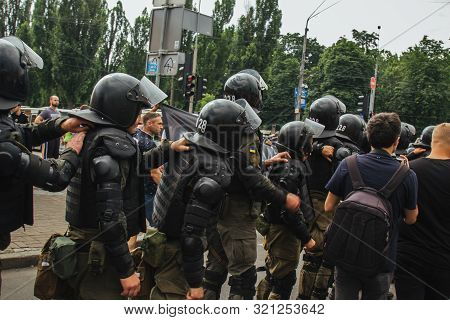 Kiev, Ukraine, 06.23.2019. Police In Protective Helmets And Body Armor Keep Order At The Meeting. Se