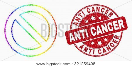 Pixelated Rainbow Gradiented Forbidden Mosaic Icon And Anti Cancer Seal Stamp. Red Vector Round Dist