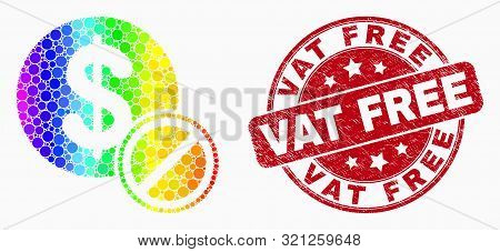 Dot Spectrum Forbidden Dollar Mosaic Icon And Vat Free Stamp. Red Vector Round Grunge Seal Stamp Wit