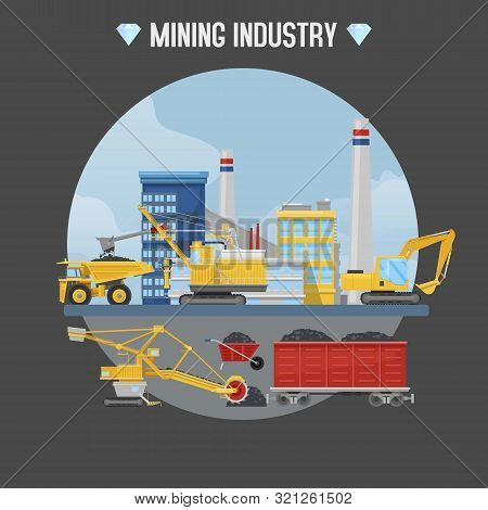 Mining Industry Vector Illustration. Excavator Loaders, Hydraulic Pile Drilling Machines, Tractors A
