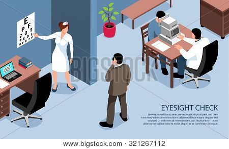 People With Vision Impairment Blind Isometric Horizontal Banner Of Eye Examination Test By Ophthalmo