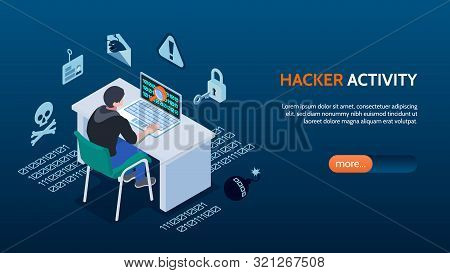 Cyber Security Isometric Horizontal Banner With Hacker Sitting In Front Of Computer On Blue Backgrou