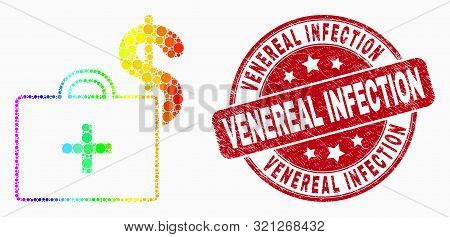 Pixelated Spectral Medical Business Case Mosaic Icon And Venereal Infection Stamp. Red Vector Rounde