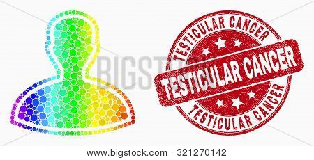 Pixel Rainbow Gradiented Person Mosaic Icon And Testicular Cancer Watermark. Red Vector Round Scratc