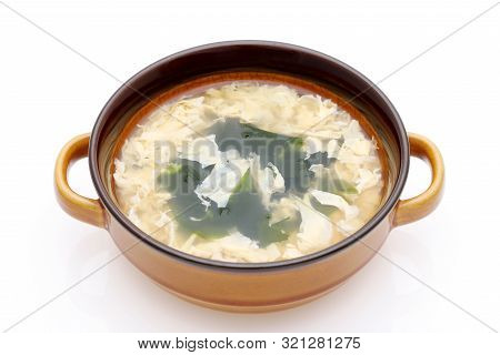 Japanese Foof, Kakitama Egg Soup In A Bowl On White Background　