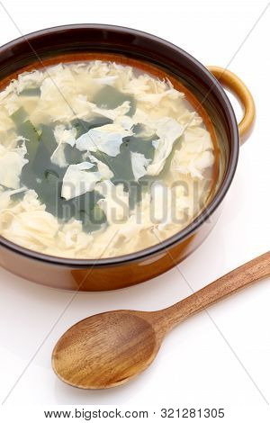 Japanese Foof, Kakitama Egg Soup In A Bowl On White Background　