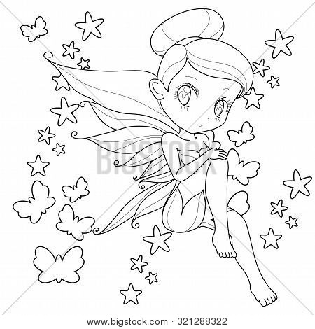Cute Little Fairy With Wings, White Background For Coloring Page, Vector Illustration.