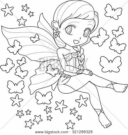 Cute Little Fairy With Wings, White Background For  Kids Coloring Book, Vector Illustration.