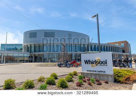 Benton Harbor, Michigan, Usa - May 4, 2019: The Whirlpool Corporation Reverview Campus, With Bikers 