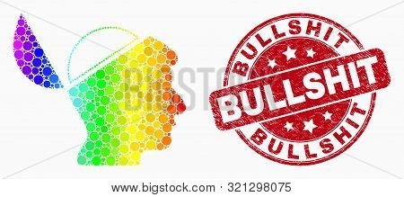 Pixelated Spectral Open Mind Mosaic Pictogram And Bullshit Seal Stamp. Red Vector Round Grunge Seal 