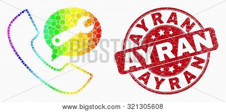 Dotted Spectral Service Phone Call Mosaic Pictogram And Ayran Watermark. Red Vector Round Scratched 