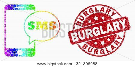 Pixelated Bright Spectral Smartphone Sms Mosaic Pictogram And Burglary Watermark. Red Vector Rounded