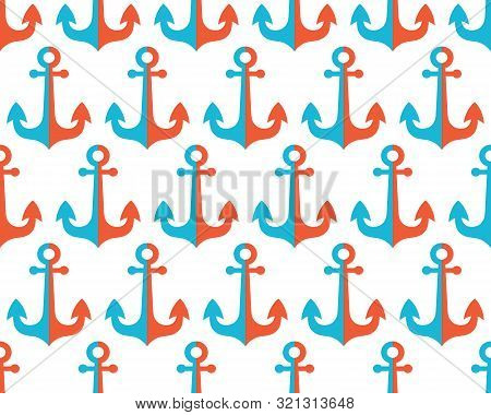Seamless Vector Pattern With Anchors In Flat Vector. Red And Blue Objects On A White Background. Sea