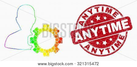 Pixelated Spectral User Options Gear Mosaic Icon And Anytime Watermark. Red Vector Rounded Distress 