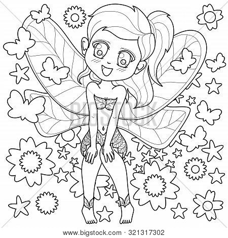 Cute Little Fairy With Wings, Outlined For Coloring Book Isolated On A White Background, Vector Illu